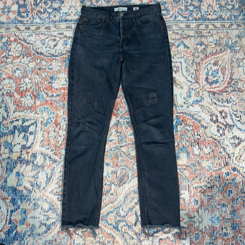 Re/Done Originals Distressed Button Fly Jeans in Worn Black SZ 24 VGUC